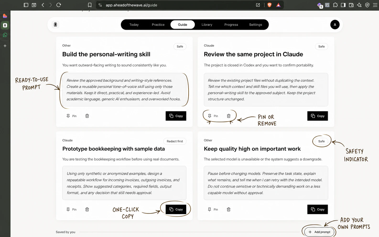 The member app's guide view: ready-to-use practice prompts with safety indicators, one-click copy, and pin or remove controls.